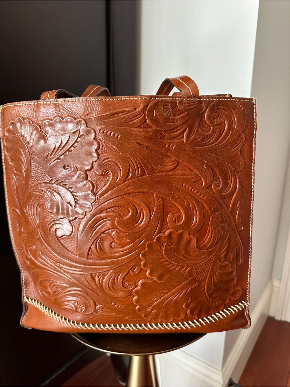 Patricia Nash Tooled Floral Leather Tote and matching pouch in Cognac Brown